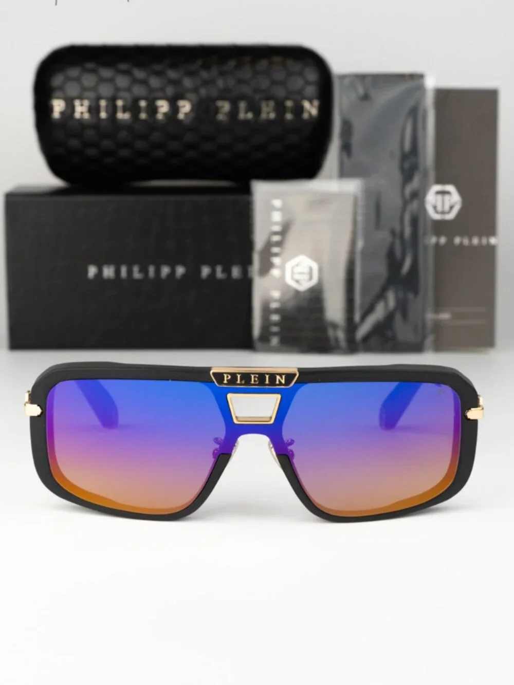 Philipp Plein Men Sunglasses Black Smoke Rainbow Mirror Pilot SPP008M 703V NEW